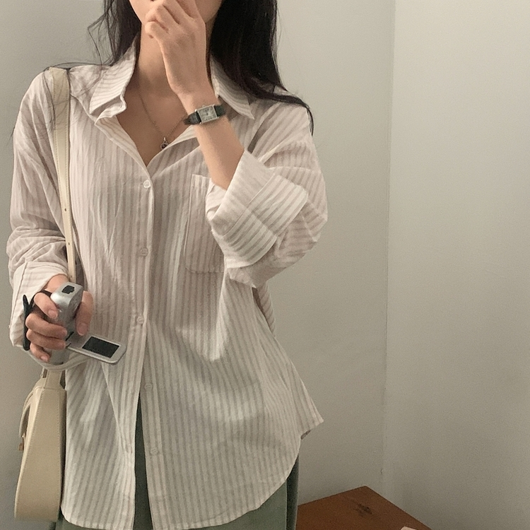 허니 스트라이프 코튼 포켓 오버핏 셔츠남방 3color 베이지
