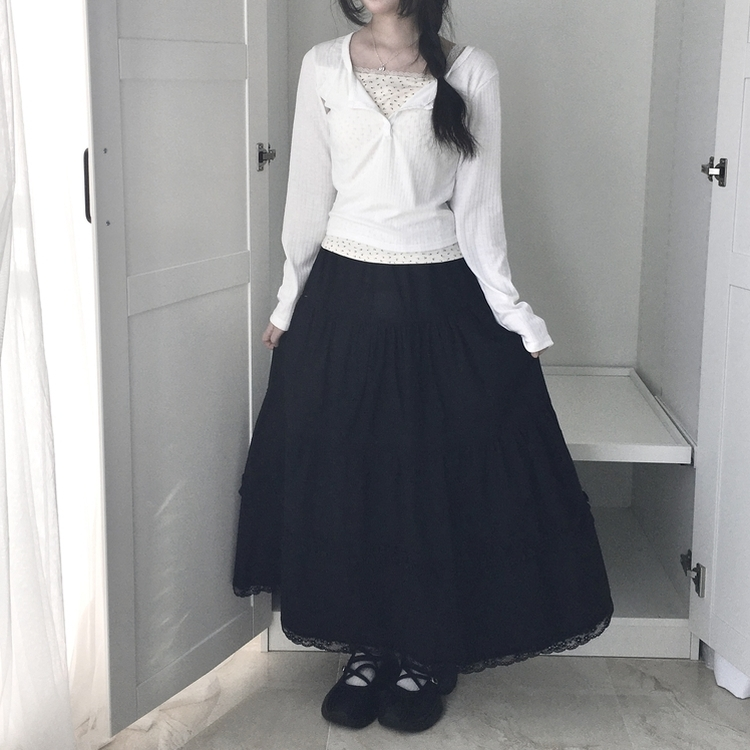 レースティアードロングスカート BLACK