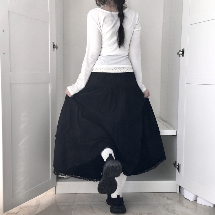 レースティアードロングスカート BLACK
