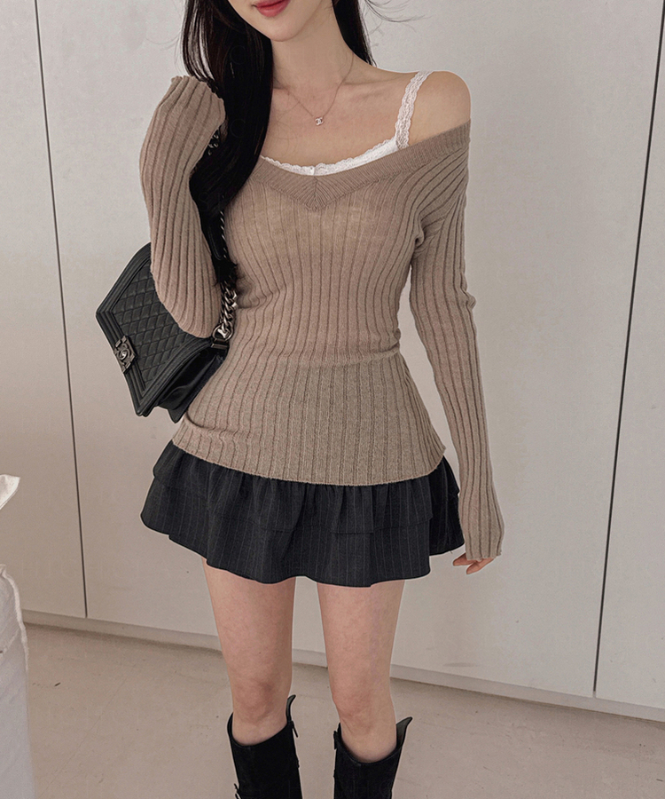 Vネックリスリムフィットニット BEIGE