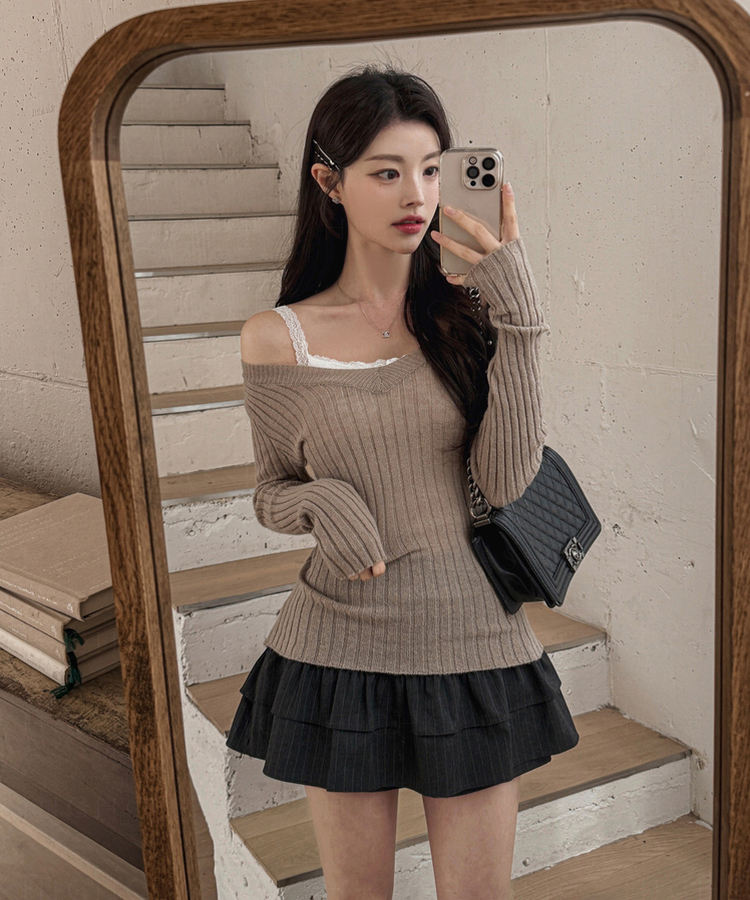 Vネックリスリムフィットニット BEIGE