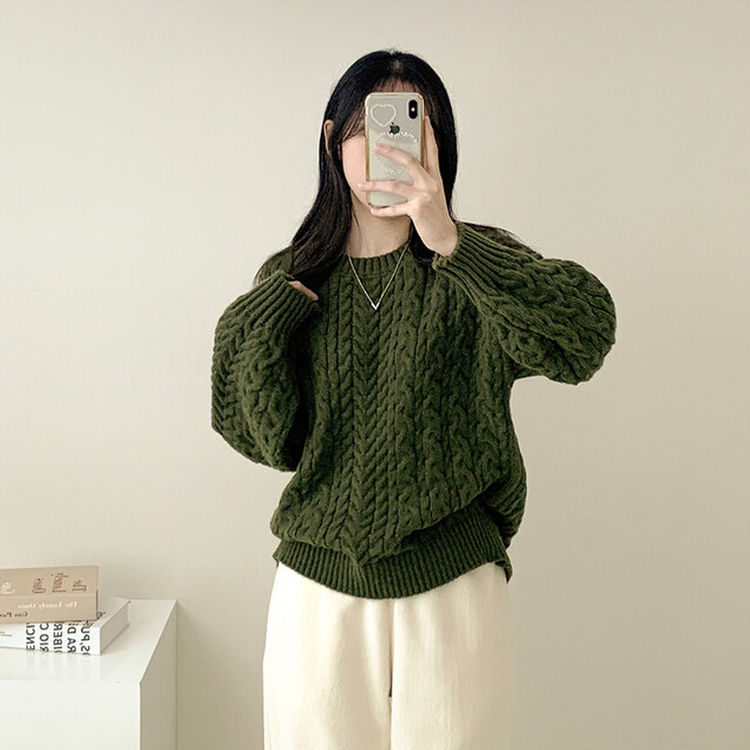 ラウンドケーブルルーズウールニット KHAKI