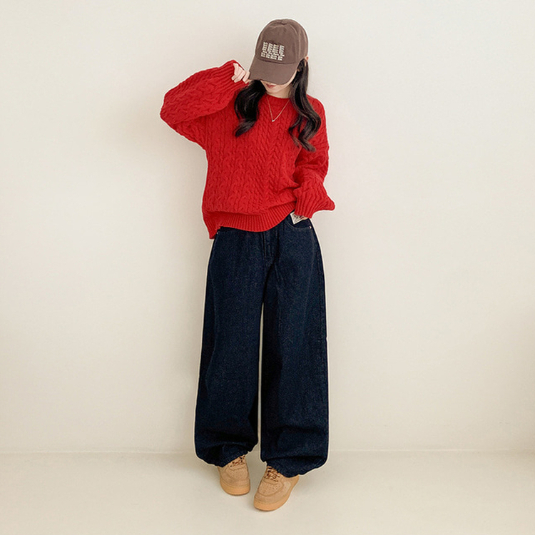 ラウンドケーブルルーズウールニット RED