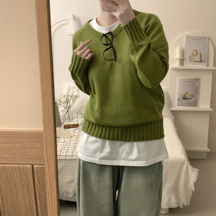 デイリーVネックルーズ無地ニット(7color) KHAKI