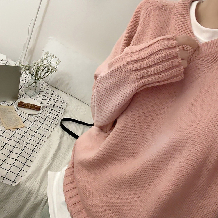 デイリーVネックルーズ無地ニット(7color) PINK