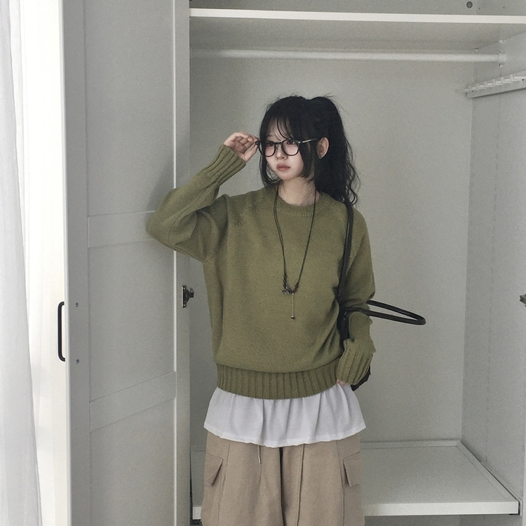 ラウンドネック基本ニット(7color) KHAKI