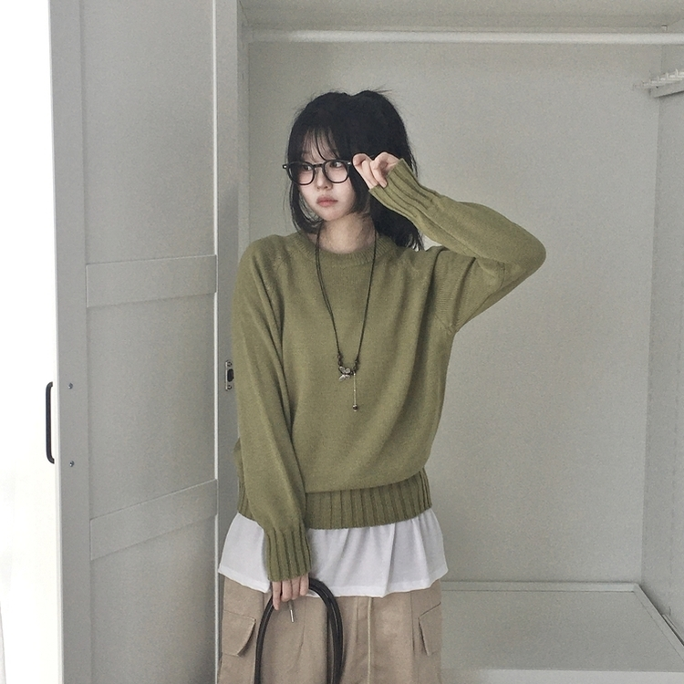 ラウンドネック基本ニット(7color) KHAKI