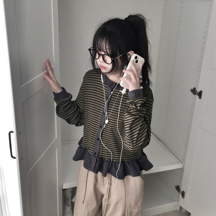 ストライプレイヤードフリル長袖カーディガン KHAKI
