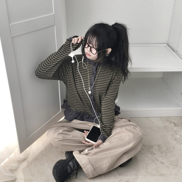 ストライプレイヤードフリル長袖カーディガン KHAKI