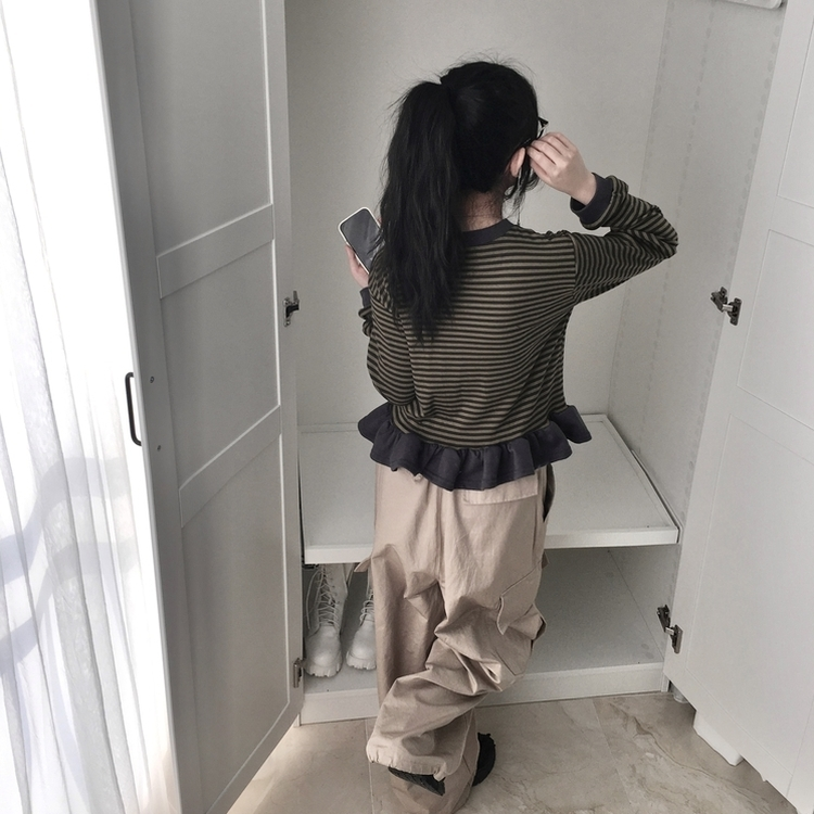 ストライプレイヤードフリル長袖カーディガン KHAKI