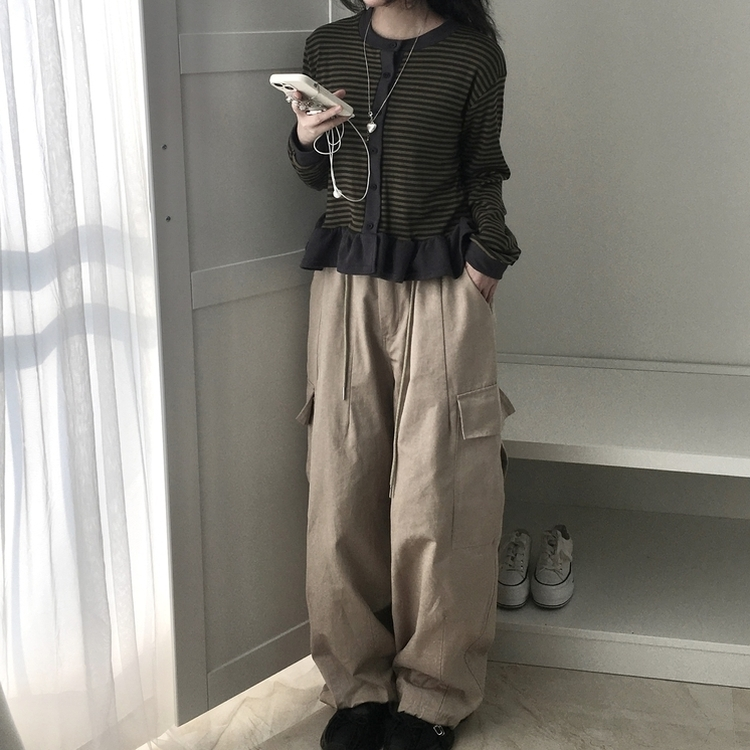 ストライプレイヤードフリル長袖カーディガン KHAKI