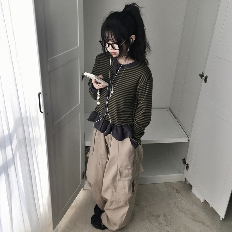 ストライプレイヤードフリル長袖カーディガン KHAKI