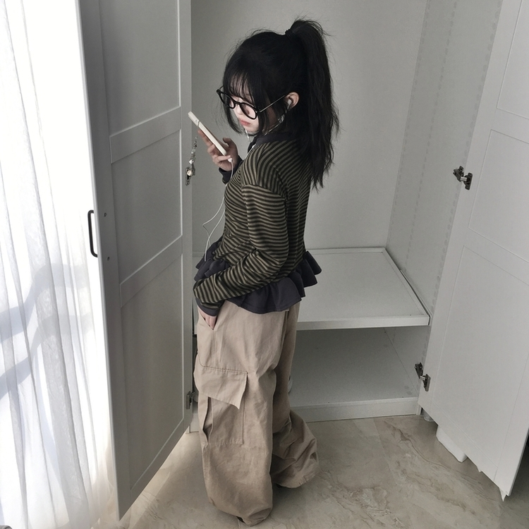 ストライプレイヤードフリル長袖カーディガン KHAKI