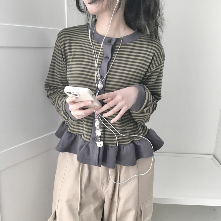 ストライプレイヤードフリル長袖カーディガン KHAKI
