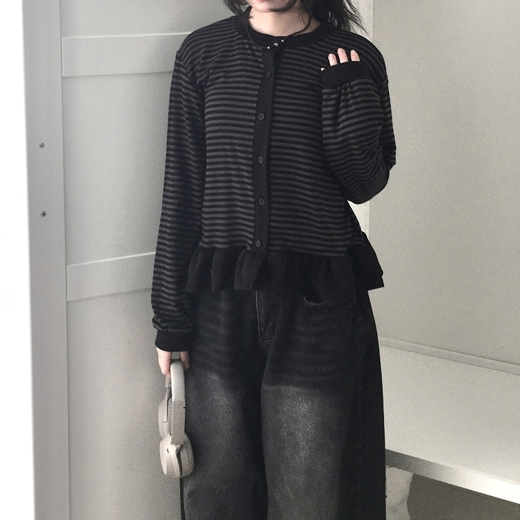 ストライプレイヤードフリル長袖カーディガン BLACK