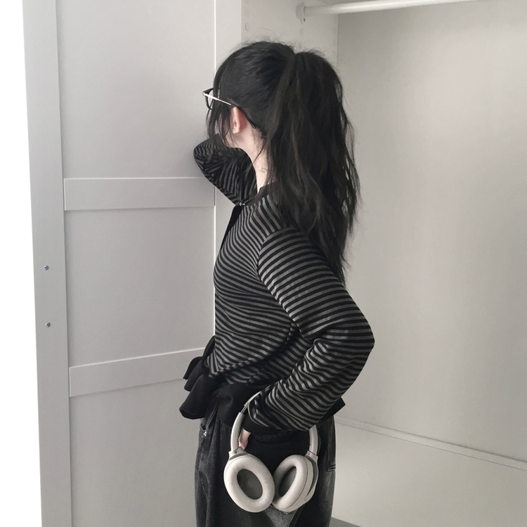 ストライプレイヤードフリル長袖カーディガン BLACK