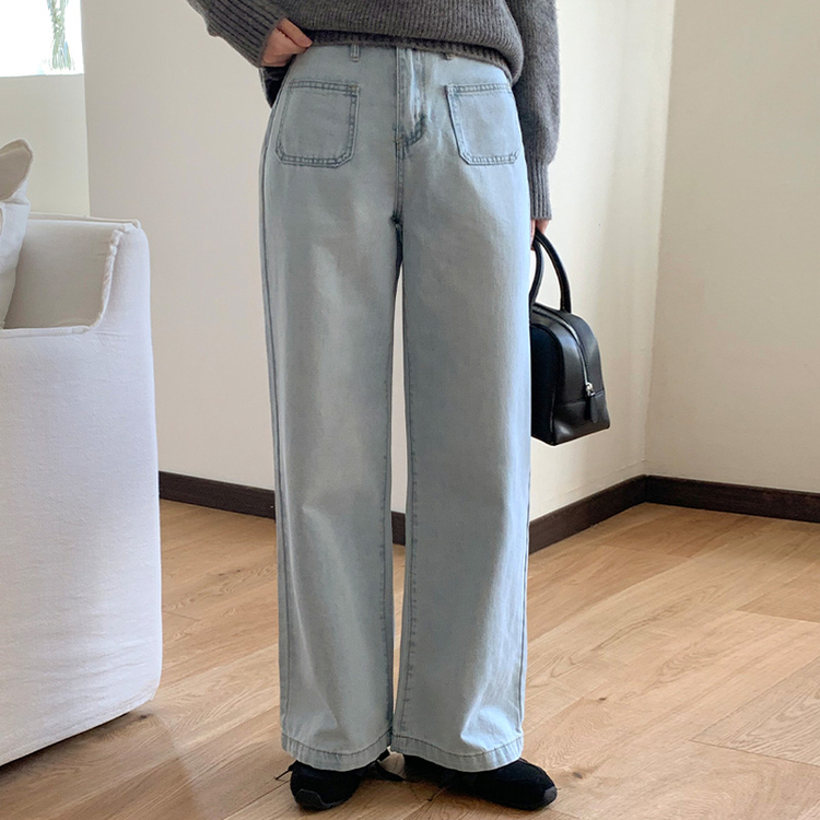 (脚長効果/楽ちんアイテム) レンヌ ハイウエスト ポケット ワイドデニムパンツ   LIGHT BLUE