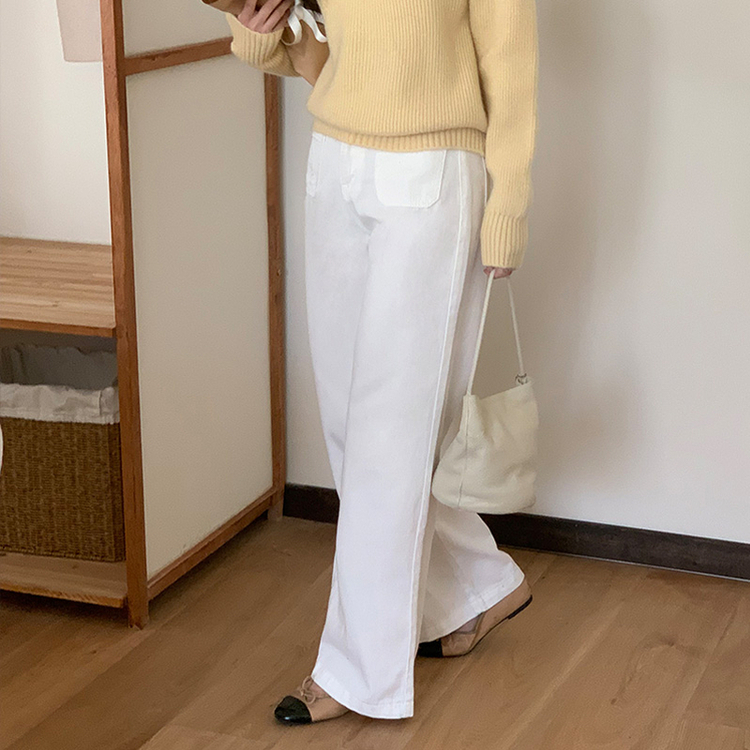 (脚長効果/楽ちんアイテム) レンヌ ハイウエスト ポケット ワイドデニムパンツ   IVORY