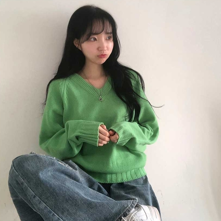 デイリーVネックルーズニット(10color) LIGHT GREEN