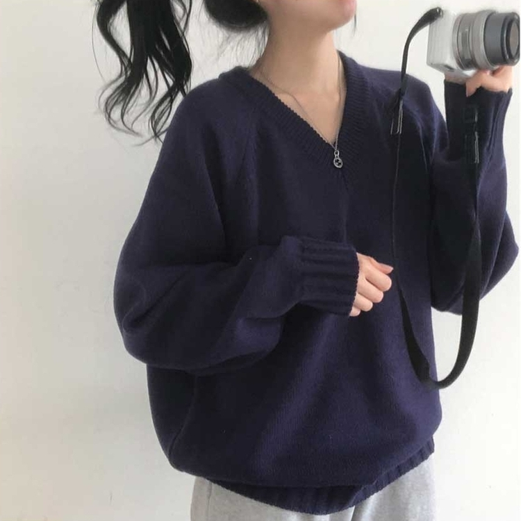 デイリーVネックルーズニット(10color) DARK BLUE