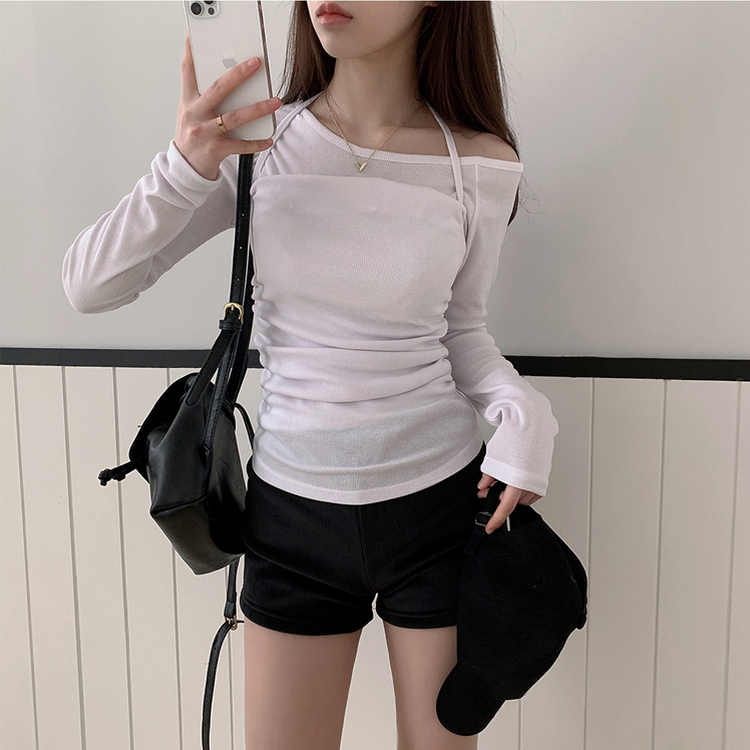【SET】ワンショルダー長袖Tシャツ ホルターキャミソール WHITE