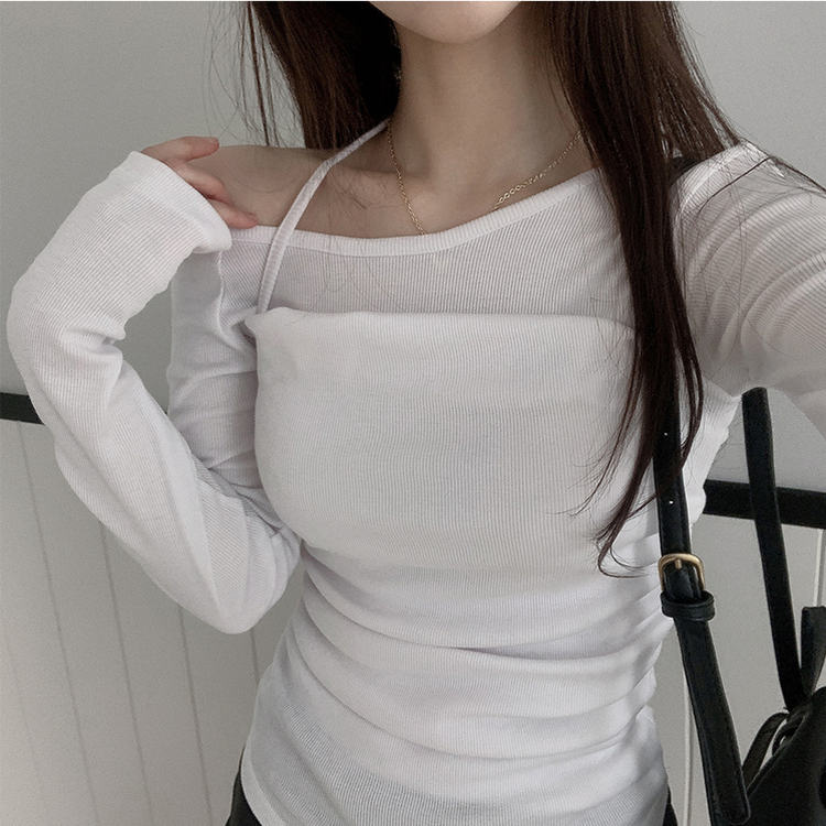 【SET】ワンショルダー長袖Tシャツ ホルターキャミソール WHITE