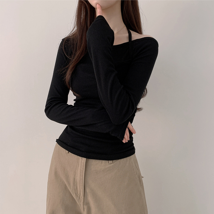 【SET】ワンショルダー長袖Tシャツ ホルターキャミソール BLACK