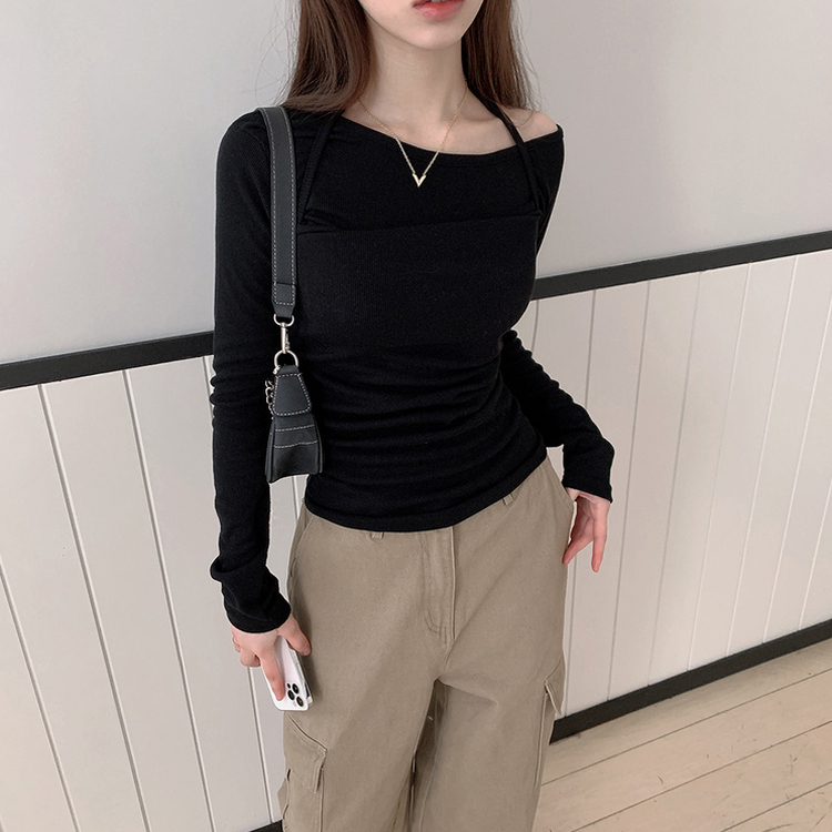 【SET】ワンショルダー長袖Tシャツ ホルターキャミソール BLACK