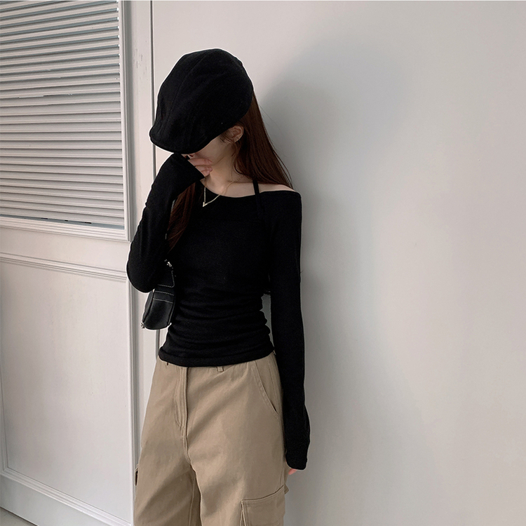 【SET】ワンショルダー長袖Tシャツ ホルターキャミソール BLACK