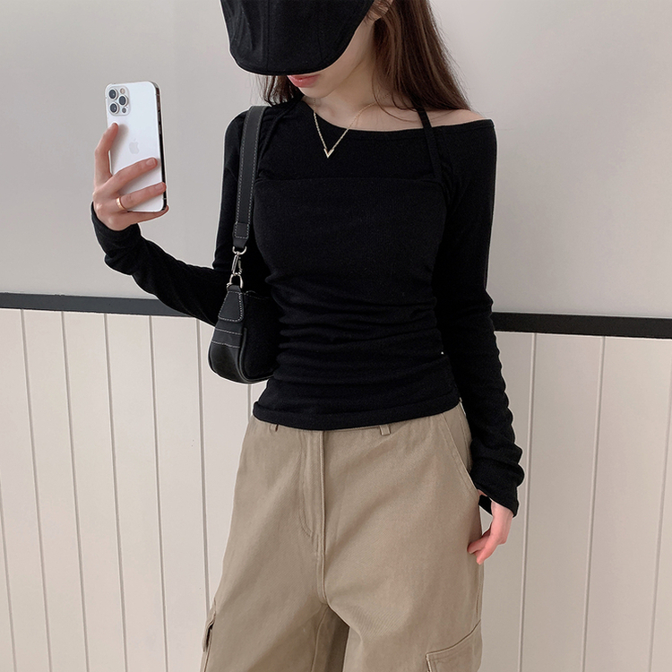 【SET】ワンショルダー長袖Tシャツ ホルターキャミソール BLACK