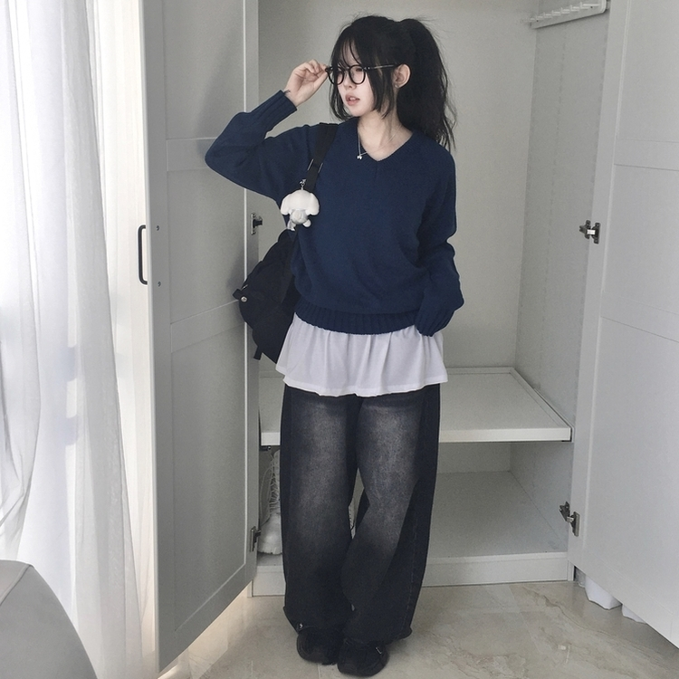 Vネックルーズフィットニット(7color) BLUE