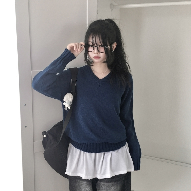 Vネックルーズフィットニット(7color) BLUE