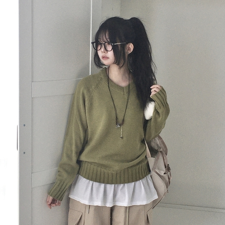 Vネックルーズフィットニット(7color) KHAKI