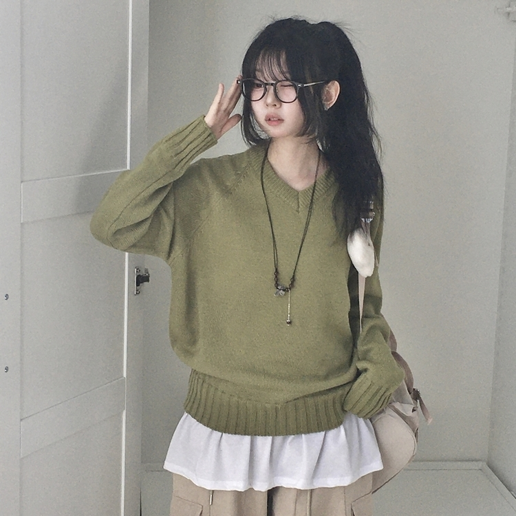 Vネックルーズフィットニット(7color) KHAKI