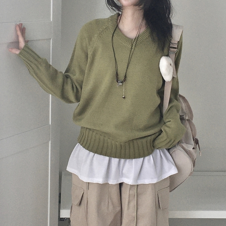 Vネックルーズフィットニット(7color) KHAKI