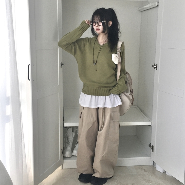 Vネックルーズフィットニット(7color) KHAKI