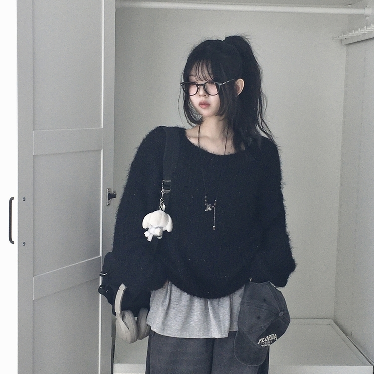 ワンオフショルダーニット(5color) BLACK