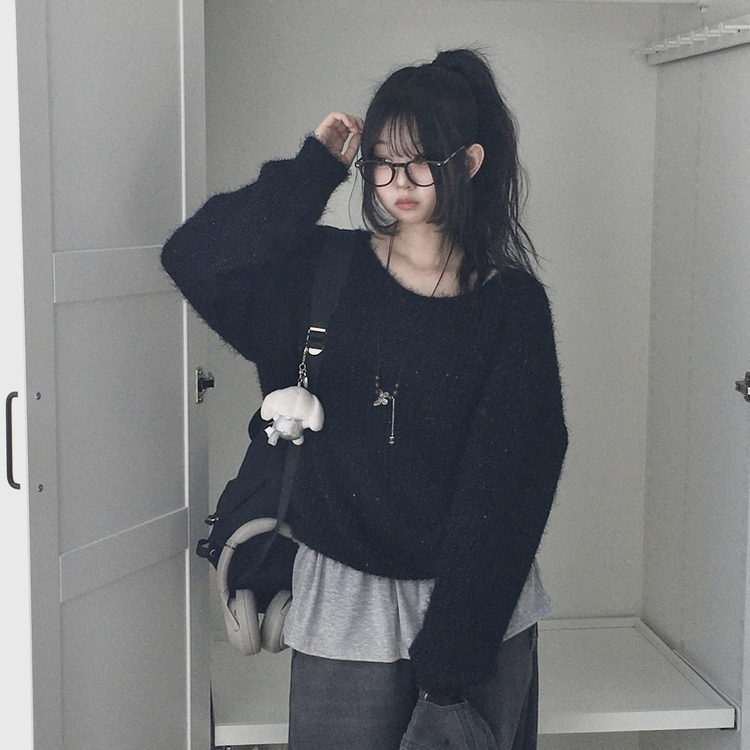 ワンオフショルダーニット(5color) BLACK