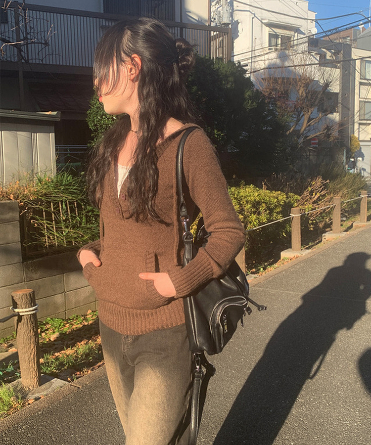 フードポケットスリムニット BROWN
