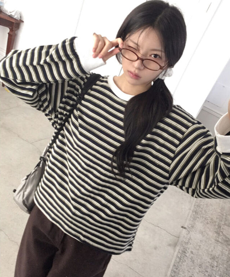 ストライプオーバーフィット長袖Tシャツ NAVY