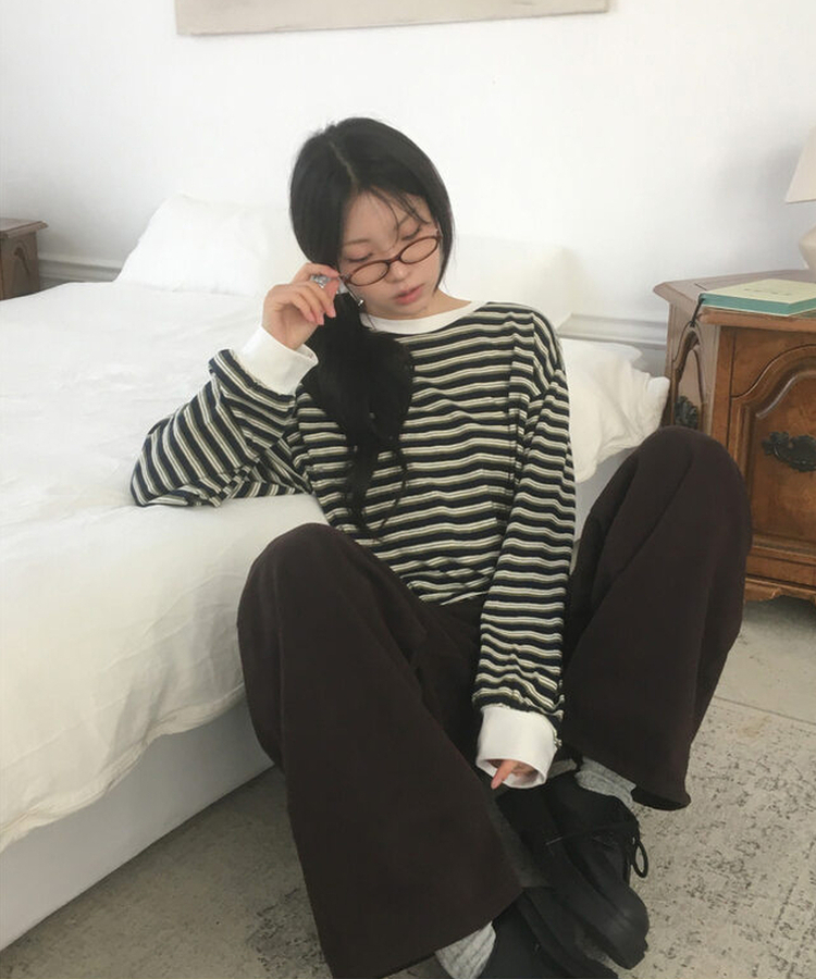ストライプオーバーフィット長袖Tシャツ NAVY