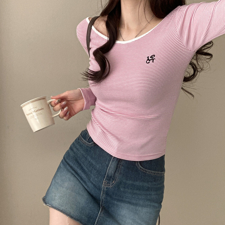 刺繍ポイントUネックストライプTシャツ PINK