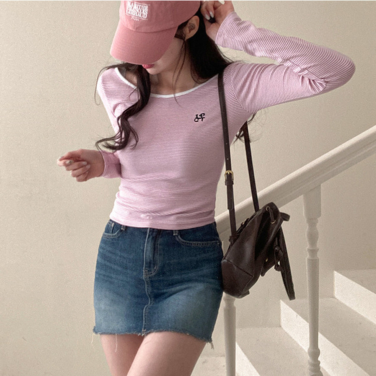 刺繍ポイントUネックストライプTシャツ PINK