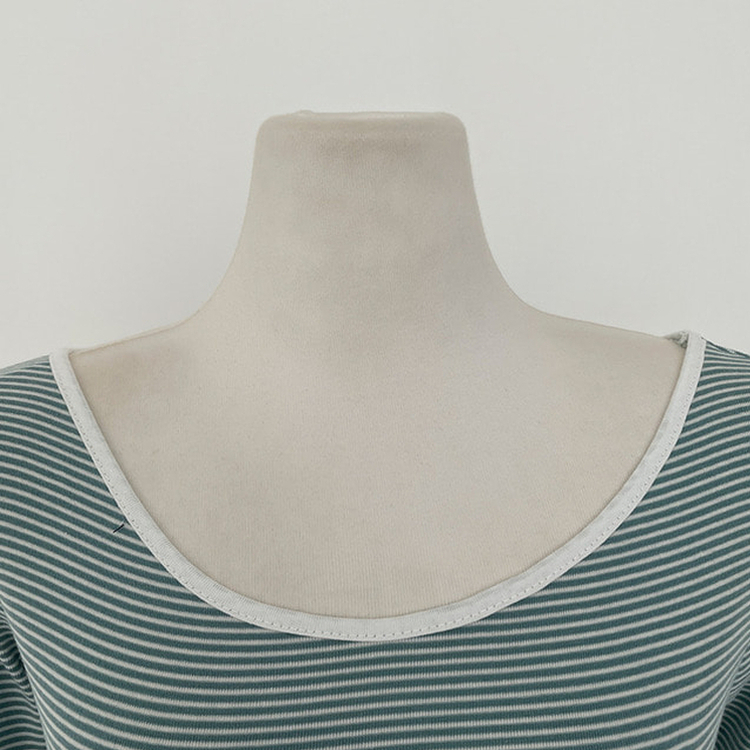 刺繍ポイントUネックストライプTシャツ