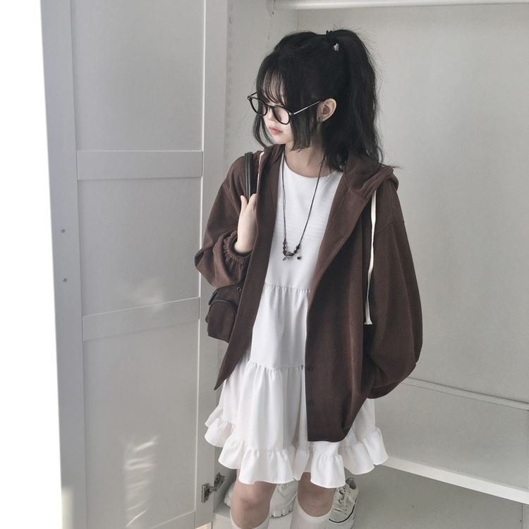 コーデュロイオーバーフィットフードシャツ BROWN