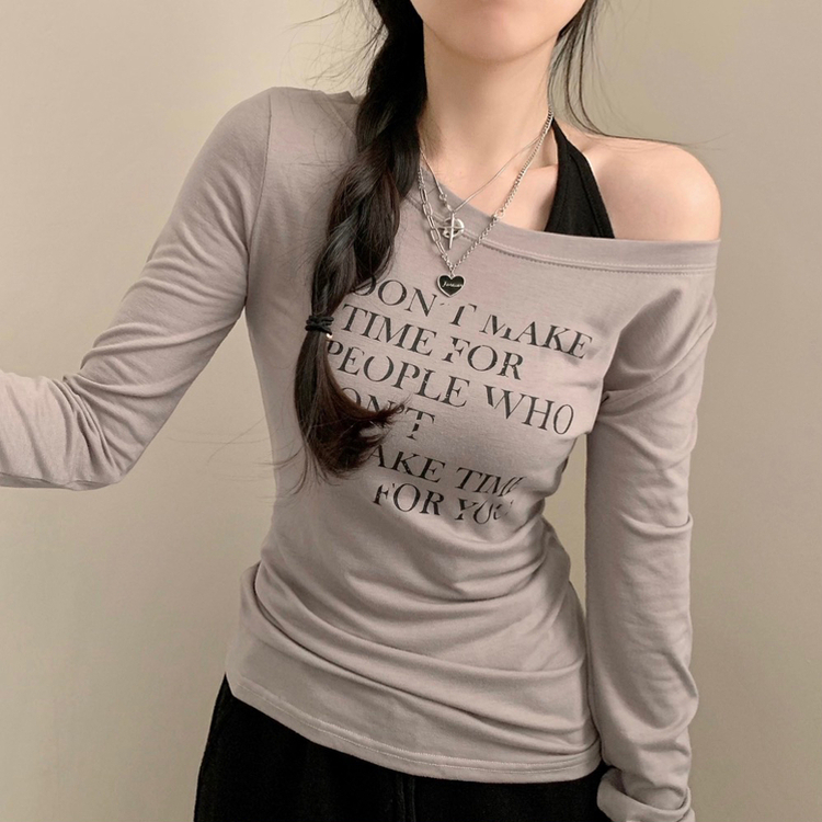 オフショルダーレタリング長袖Tシャツ BEIGE