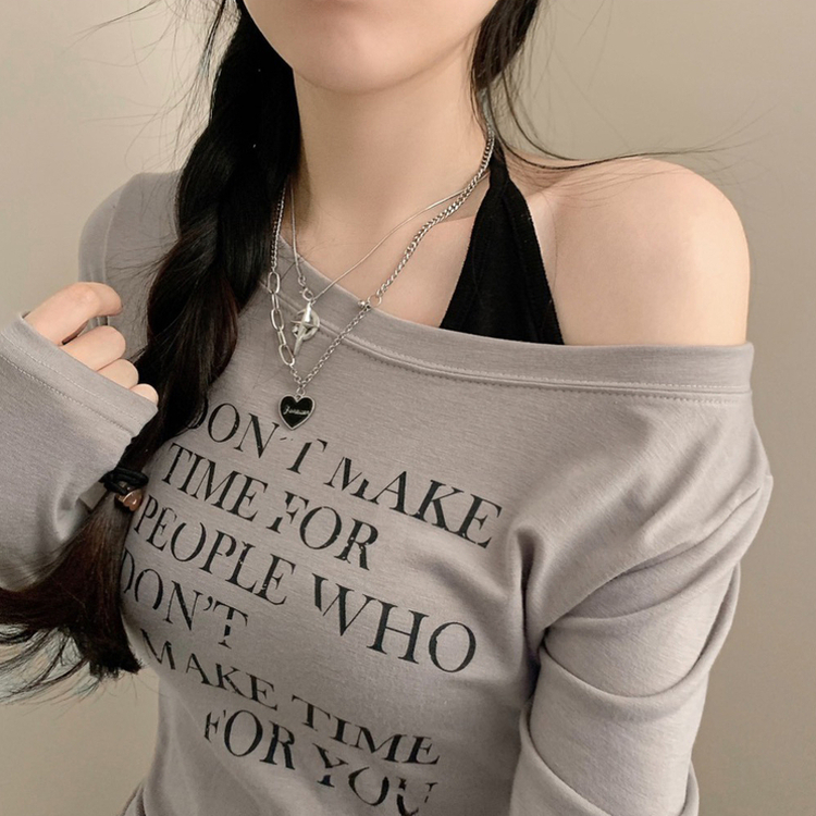 オフショルダーレタリング長袖Tシャツ BEIGE