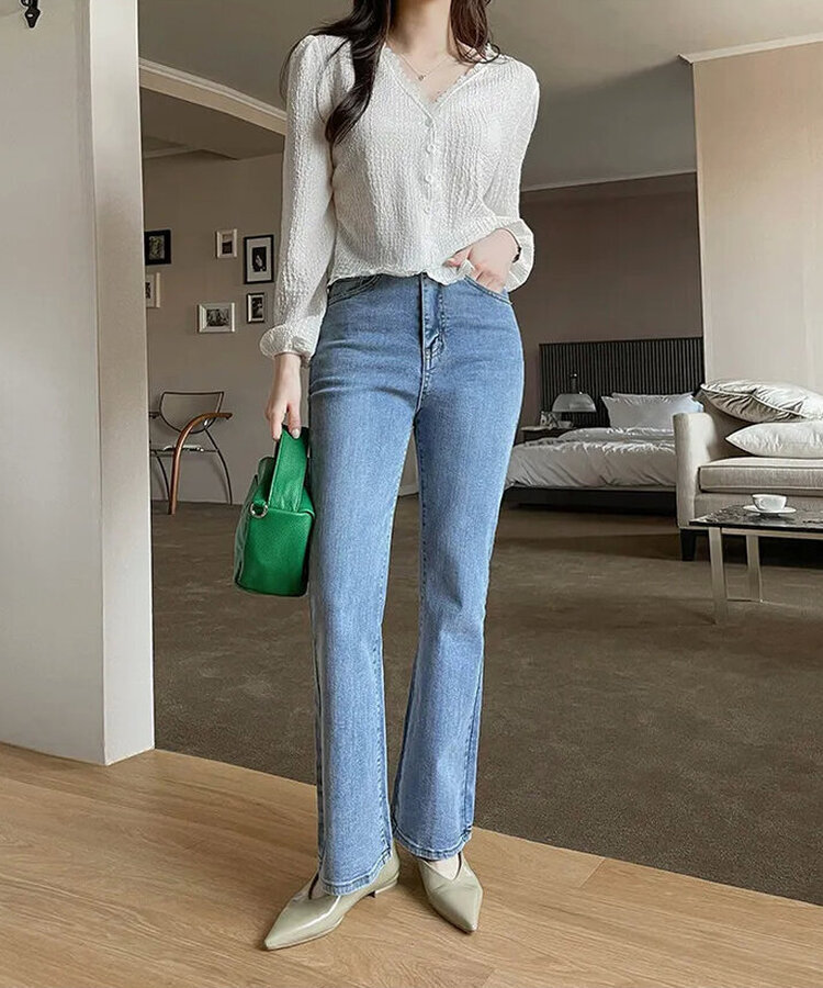 【丈別】ツーボタンハイブーツカットパンツ LIGHT DENIM
