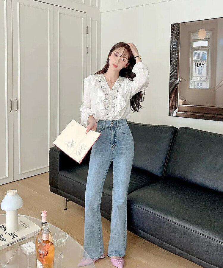 【丈別】ツーボタンハイブーツカットパンツ LIGHT DENIM