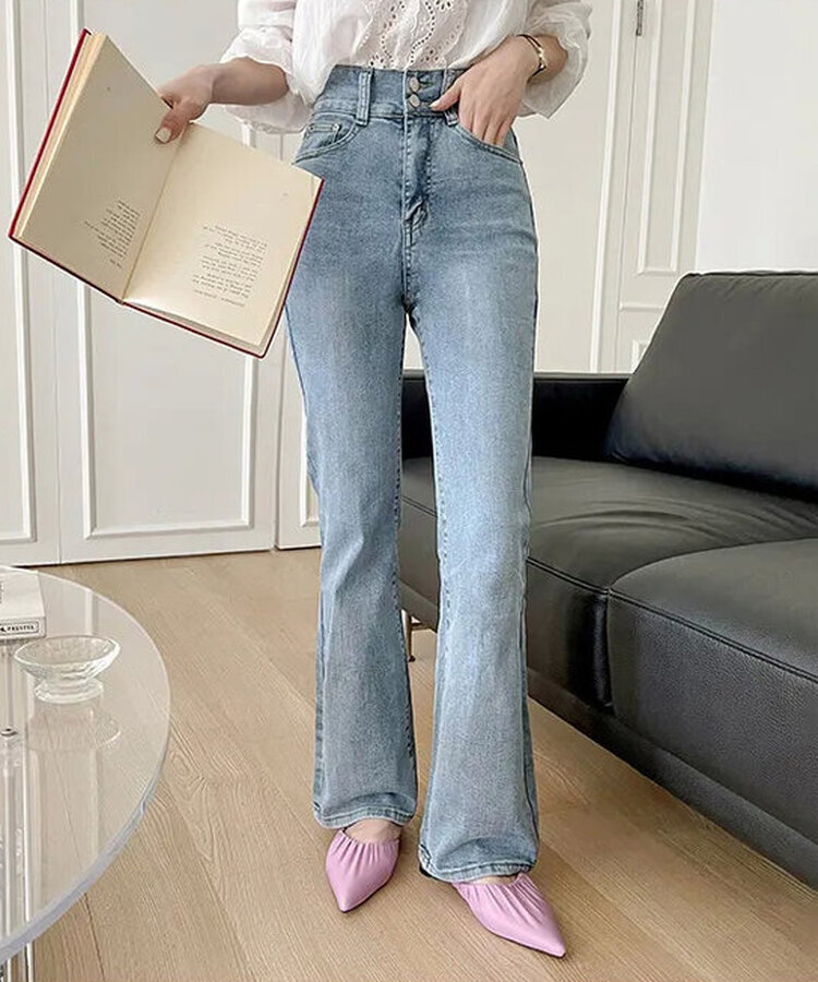 【丈別】ツーボタンハイブーツカットパンツ LIGHT DENIM